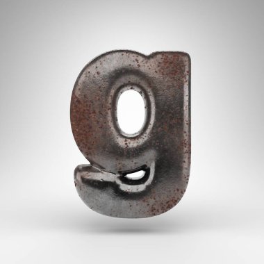 Beyaz arka planda G harfi küçük harf. Oksitlenmiş desenli paslı metal 3D yazı tipi.