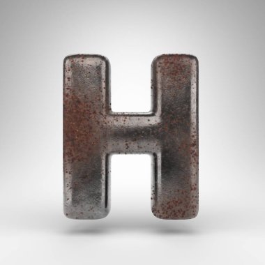 Beyaz arka planda H büyük harfi. Oksitlenmiş desenli paslı metal 3D yazı tipi.