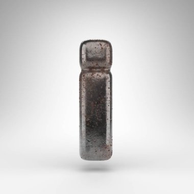 Küçük harfle beyaz arka planda. Oksitlenmiş desenli paslı metal 3D yazı tipi.