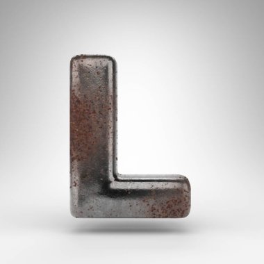 Beyaz arka planda büyük harf L. Oksitlenmiş desenli paslı metal 3D yazı tipi.
