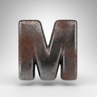 Beyaz arka planda M harfi büyük harf. Oksitlenmiş desenli paslı metal 3D yazı tipi.