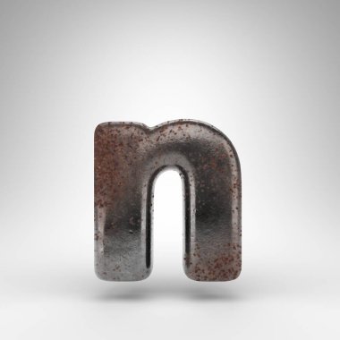 Beyaz arka planda N harfi küçük harf. Oksitlenmiş desenli paslı metal 3D yazı tipi.
