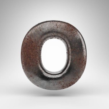 Beyaz arka planda 0 büyük harf. Oksitlenmiş desenli paslı metal 3D yazı tipi.