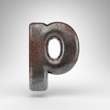 Beyaz arka planda P harfi küçük harf. Oksitlenmiş desenli paslı metal 3D yazı tipi.