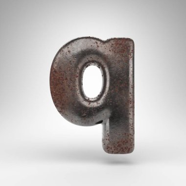 Beyaz arka planda Q harfi küçük harf. Oksitlenmiş desenli paslı metal 3D yazı tipi.