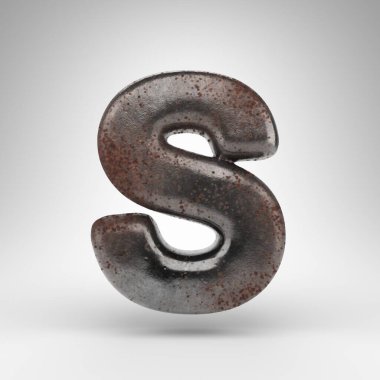Beyaz arka planda S büyük harfi. Oksitlenmiş desenli paslı metal 3D yazı tipi.