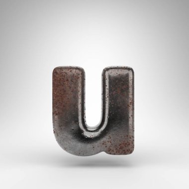 Beyaz arka planda U harfi. Oksitlenmiş desenli paslı metal 3D yazı tipi.