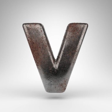 Beyaz arka planda V harfi büyük harf. Oksitlenmiş desenli paslı metal 3D yazı tipi.