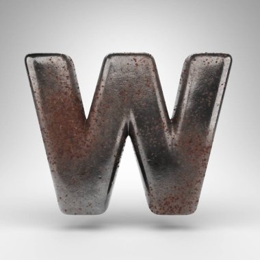 Beyaz arka planda W harfi büyük harf. Oksitlenmiş desenli paslı metal 3D yazı tipi.