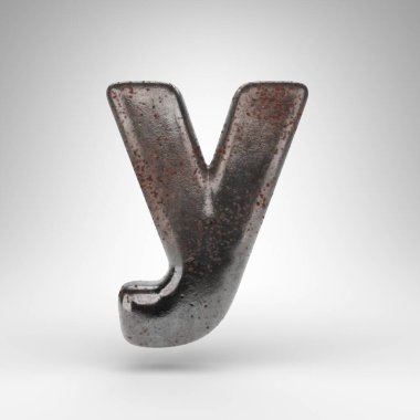 Beyaz arka planda Y harfi küçük harf. Oksitlenmiş desenli paslı metal 3D yazı tipi.