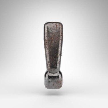 Beyaz arkaplanda ünlem işareti sembolü. Paslı metal 3D, oksitlenmiş desenli..