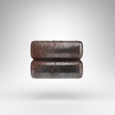 Beyaz arka planda eşit sembol. Paslı metal 3D, oksitlenmiş desenli..