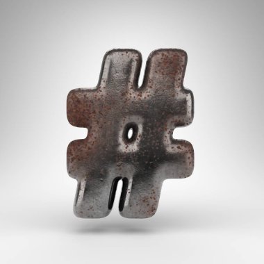 Beyaz arkaplanda etiket sembolü. Paslı metal 3D, oksitlenmiş desenli..