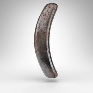 Beyaz arkaplanda sol yuvarlak parantez sembolü. Paslı metal 3D, oksitlenmiş desenli..