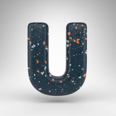 Beyaz arka planda büyük harf U. Mavi terrazzo desenli 3 boyutlu yazı tipi.