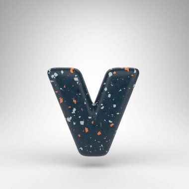 Beyaz arka planda V harfi küçük harf. Mavi terrazzo desenli 3 boyutlu yazı tipi.