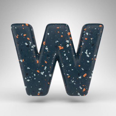 Beyaz arka planda W harfi büyük harf. Mavi terrazzo desenli 3 boyutlu yazı tipi.