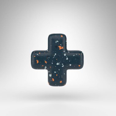 Artı beyaz arka planda bir sembol. Mavi terrazzo desenli 3 boyutlu işaret..