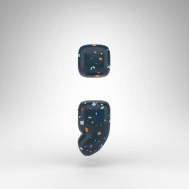 Beyaz arkaplanda noktalı virgül sembolü. Mavi terrazzo desenli 3 boyutlu işaret..