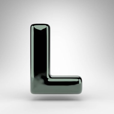 Beyaz arka planda büyük harf L. Parlak yüzeyi olan yeşil krom 3D yazı tipi.