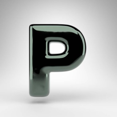 Beyaz arka planda P harfi büyük harf. Parlak yüzeyi olan yeşil krom 3D yazı tipi.