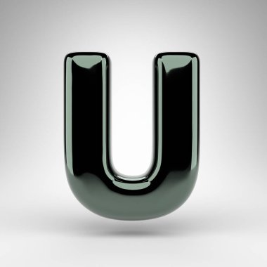 Beyaz arka planda büyük harf U. Parlak yüzeyi olan yeşil krom 3D yazı tipi.