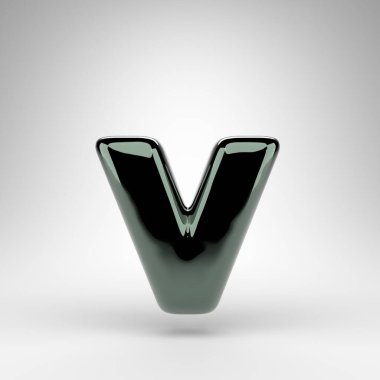 Beyaz arka planda V harfi küçük harf. Parlak yüzeyi olan yeşil krom 3D yazı tipi.