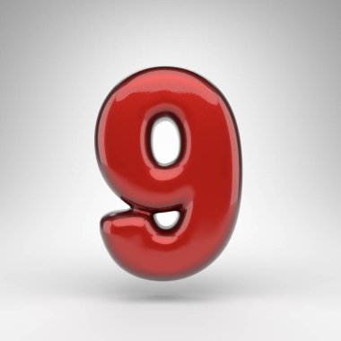 Beyaz arka planda 9 numara. Parlak metalik yüzeyi olan kırmızı araba boyası 3D..