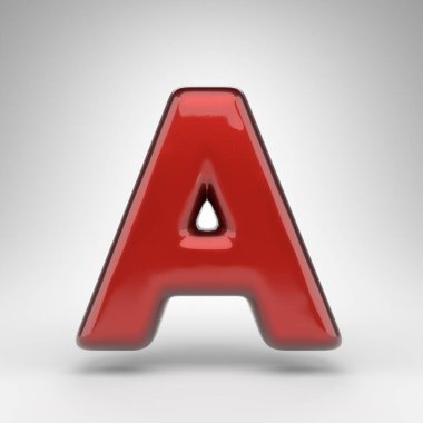Beyaz arka planda büyük harf A. Parlak metalik yüzeyi olan kırmızı renkli 3D yazı tipi..