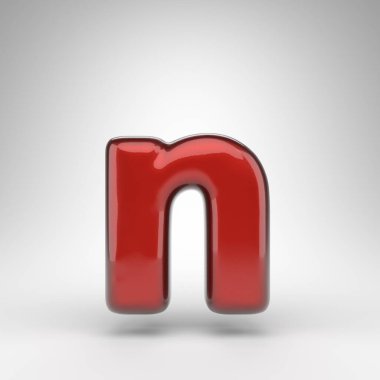 Beyaz arka planda N harfi küçük harf. Parlak metalik yüzeyi olan kırmızı renkli 3D yazı tipi..