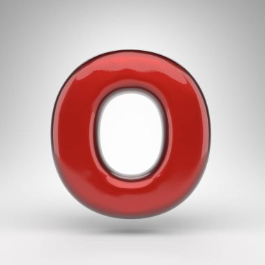 Beyaz arka planda 0 büyük harf. Parlak metalik yüzeyi olan kırmızı renkli 3D yazı tipi..