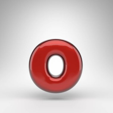 Beyaz arka planda O harfi küçük harf. Parlak metalik yüzeyi olan kırmızı renkli 3D yazı tipi..