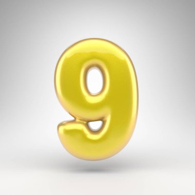 Beyaz arka planda 9 numara. Sarı araba boyası. 3D. Parlak metalik yüzeyi var..
