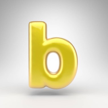 B harfi beyaz arka planda küçük harf. Parlak metalik yüzeyi olan sarı renkli 3D yazı tipi..