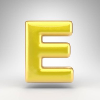 Beyaz arka planda E harfi büyük harf. Parlak metalik yüzeyi olan sarı renkli 3D yazı tipi..