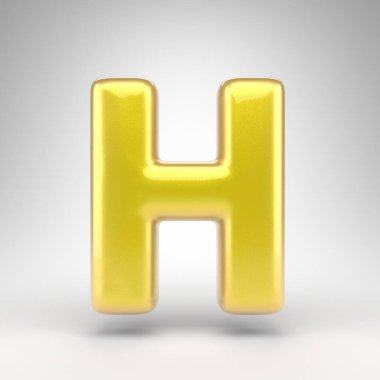 Beyaz arka planda H büyük harfi. Parlak metalik yüzeyi olan sarı renkli 3D yazı tipi..
