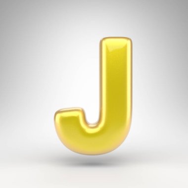 Beyaz arka planda büyük harfli J harfi. Parlak metalik yüzeyi olan sarı renkli 3D yazı tipi..