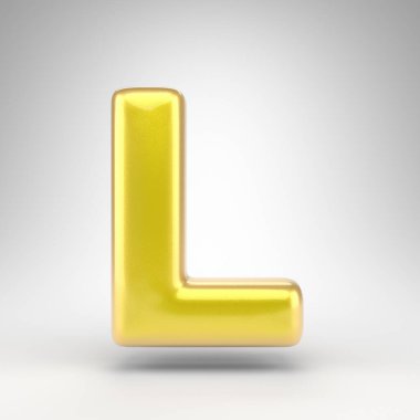 Beyaz arka planda büyük harf L. Parlak metalik yüzeyi olan sarı renkli 3D yazı tipi..
