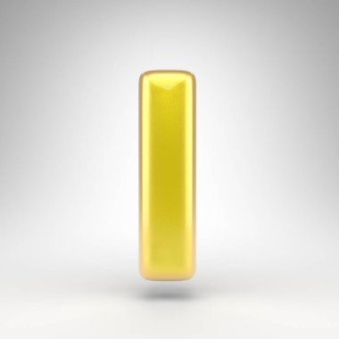 Beyaz arka planda L harfi küçük harf. Parlak metalik yüzeyi olan sarı renkli 3D yazı tipi..