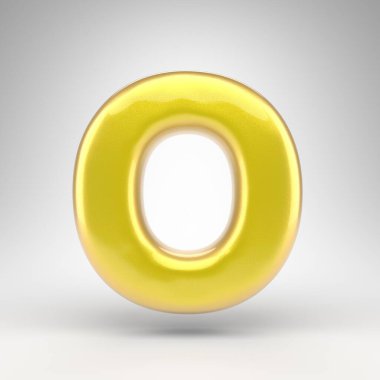 Beyaz arka planda 0 büyük harf. Parlak metalik yüzeyi olan sarı renkli 3D yazı tipi..