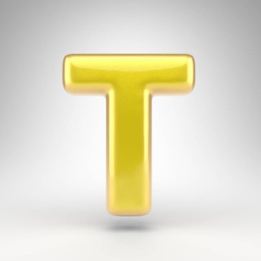 Beyaz arka planda büyük harf T. Parlak metalik yüzeyi olan sarı renkli 3D yazı tipi..