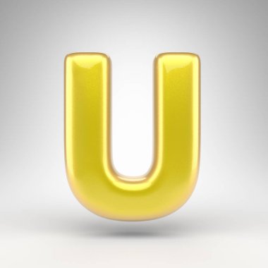 Beyaz arka planda büyük harf U. Parlak metalik yüzeyi olan sarı renkli 3D yazı tipi..