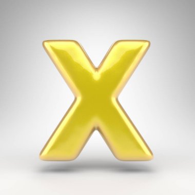 Beyaz arka planda büyük harf X. Parlak metalik yüzeyi olan sarı renkli 3D yazı tipi..