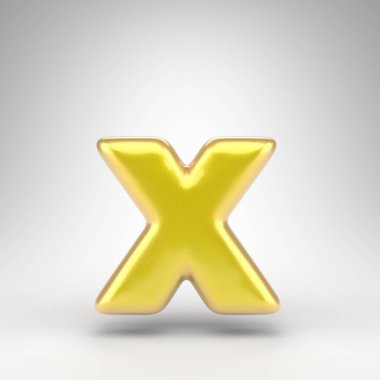 Beyaz arka planda X harfi küçük harf. Parlak metalik yüzeyi olan sarı renkli 3D yazı tipi..