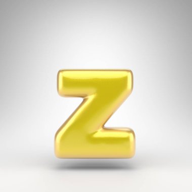 Beyaz arka planda Z harfi küçük harf. Parlak metalik yüzeyi olan sarı renkli 3D yazı tipi..