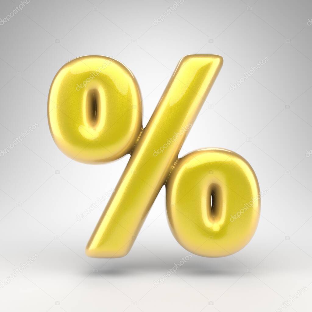 Percent symbol on white background. Yellow car paint 3D rendered sign with glossy metallic surface.