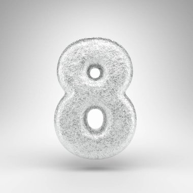 Beyaz arka planda 8 numara. Katlanmış alüminyum folyo 3D, parlatıcı metal desenli..