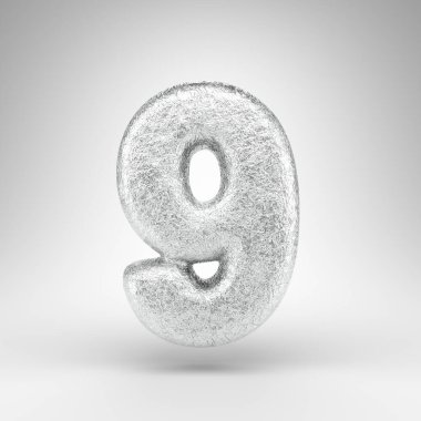 Beyaz arka planda 9 numara. Katlanmış alüminyum folyo 3D, parlatıcı metal desenli..