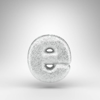 Beyaz arka planda E harfi küçük harf. Parlak metal desenli alüminyum folyo 3D yazı tipi.