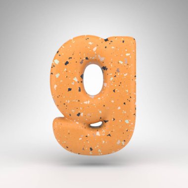 Beyaz arka planda G harfi küçük harf. Turuncu terrazzo desenli 3 boyutlu yazı tipi.